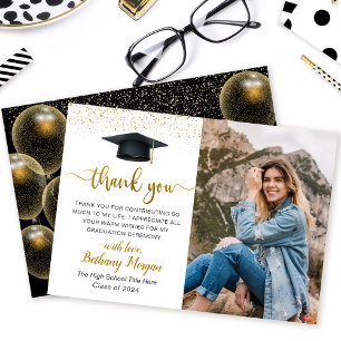 Modern Script Black Gold Balloon Graduation Photo Thank You Card