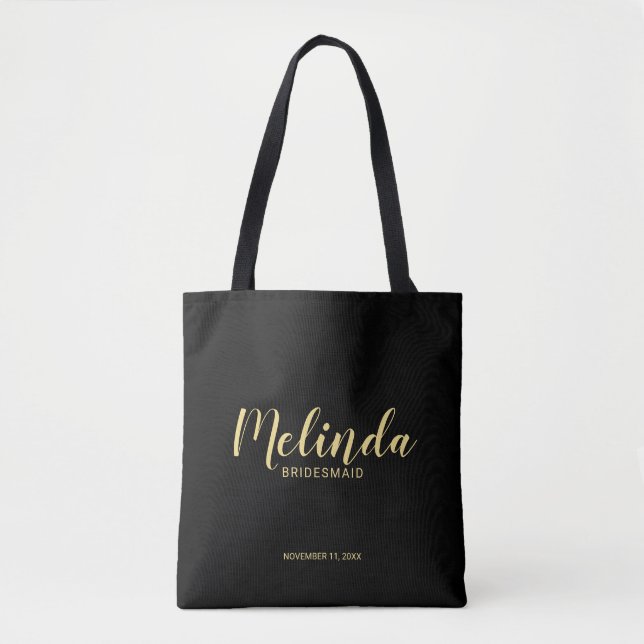 Modern Script Black&Gold Personalised Bridesmaids Tote Bag (Front)