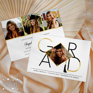 Modern Script Black Gold Tassel Grad Photo Collage Invitation