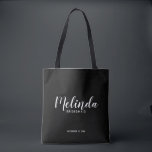 Modern Script Black Personalised Bridesmaids Tote Bag<br><div class="desc">Modern Script Personalised Bridesmaids Tote Bag
featuring personalised bridesmaid's name in white modern script font style with title and wedding date in modern sans serif font style on black background.
Also perfect for Maid of Honour, Flower Girl, Mother of the Bride and more.</div>
