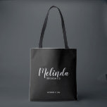 Modern Script Black Personalised Bridesmaids Tote Bag<br><div class="desc">Modern Script Personalised Bridesmaids Tote Bag
featuring personalised bridesmaid's name in white modern script font style with title and wedding date in modern sans serif font style on black background.
Also perfect for Maid of Honour, Flower Girl, Mother of the Bride and more.</div>