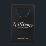 Modern Script Black Personalised Groomsmen<br><div class="desc">Modern Script Personalised Groomsmen Bottle Opener
featuring personalised groomsman's name in white modern script font style with title and wedding date in modern sans serif font style on black background.

Also perfect for Maid of Honour,  Flower Girl,  Mother of the Bride,  Groomsmen,  Best man and more.</div>