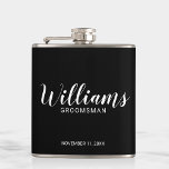 Modern Script Black Personalised Groomsmen Hip Flask<br><div class="desc">Modern Script Personalised Groomsmen Flask
featuring personalised groomsman's name in white modern script font style with title and wedding date in modern sans serif font style on black background.

Also perfect for Father of the Bride,  Best man and more.</div>
