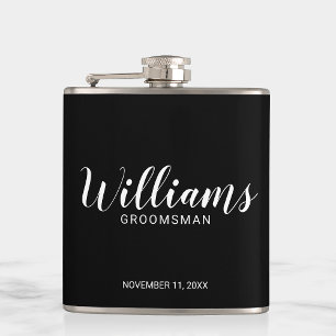 Modern Script Black Personalised Groomsmen Hip Flask