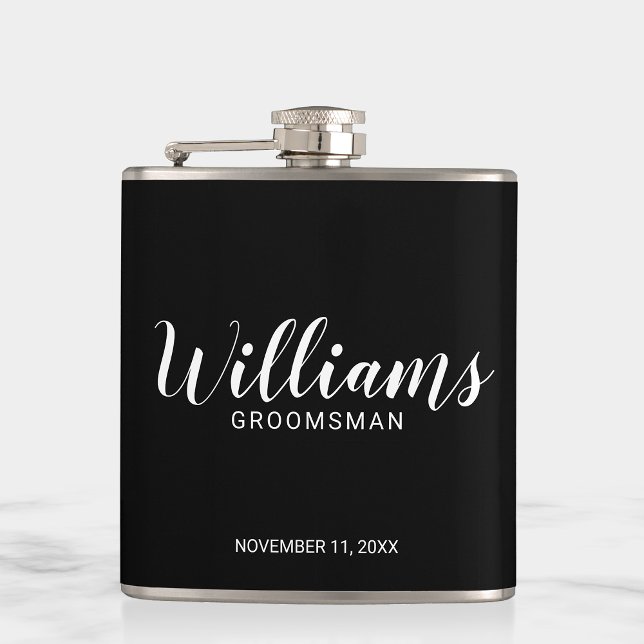 Modern Script Black Personalised Groomsmen Hip Flask (Creator Uploaded)