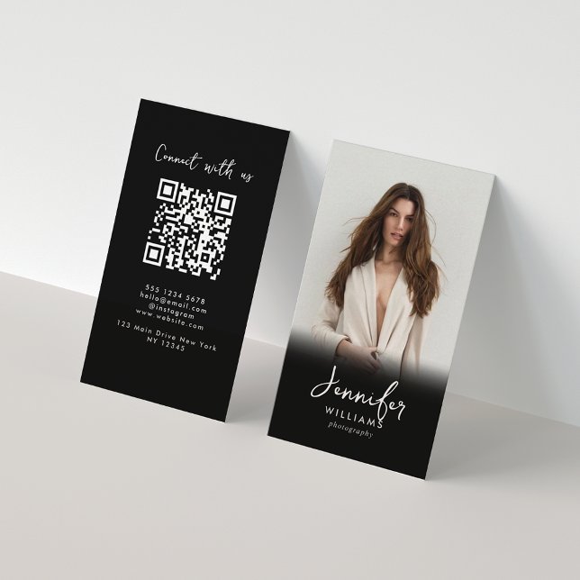 Modern Script Black Photo QR Code Photographer Business Card (Creator Uploaded)