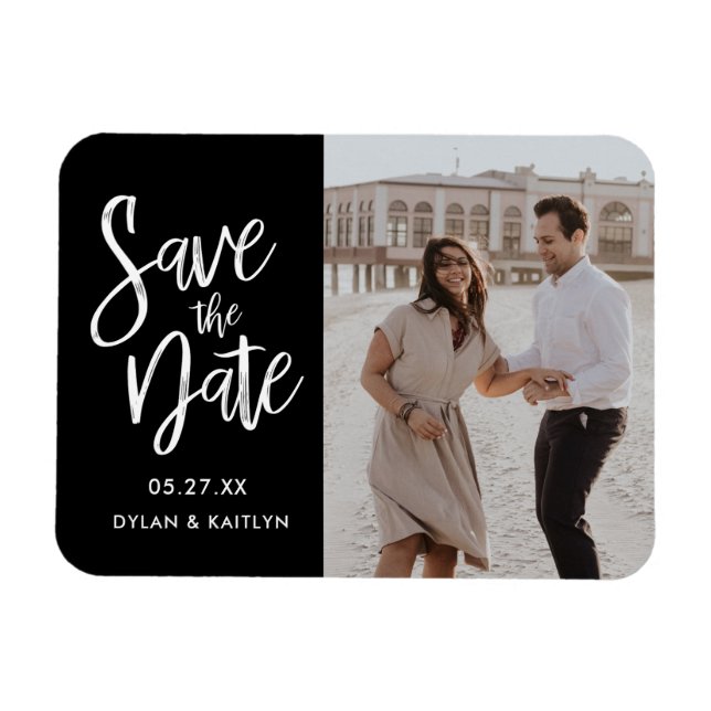 Modern Script Black Save the Date Photo Magnet (Horizontal)