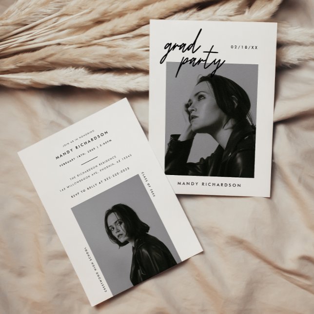 Modern Script Black & White 2 Photo Graduation Invitation (Creator Uploaded)
