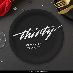 Modern Script Black White 30th Birthday Paper Plate