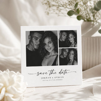 Modern Script Black & White 3 Photo Save the Date