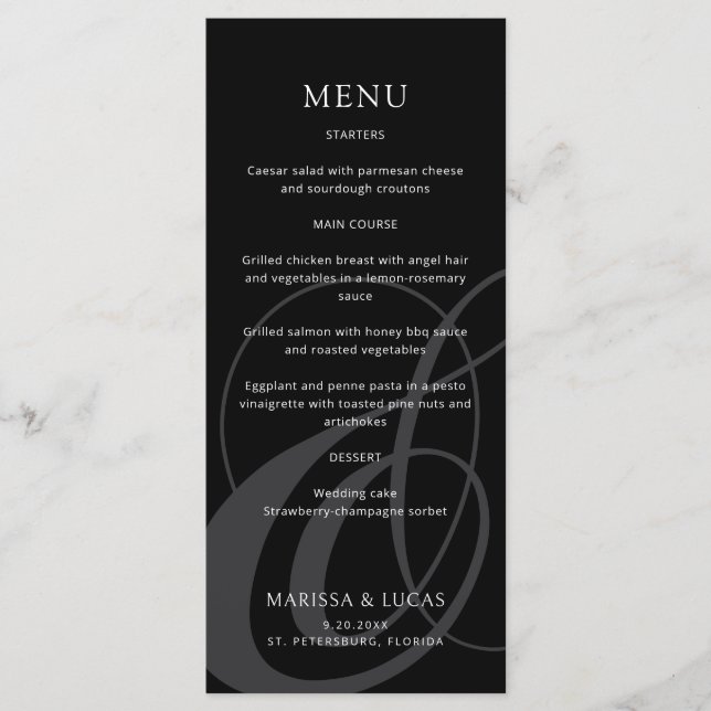 Modern Script Black White Ampersand Wedding Menu (Front)