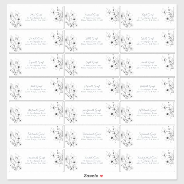 Modern Script Black White Floral Guest Address (Sheet)