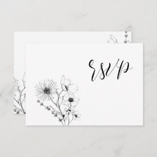 Modern Script Black White Floral No Menu RSVP Card