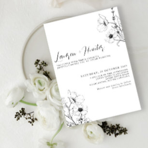 Modern Script Black White Floral Wedding Invitation