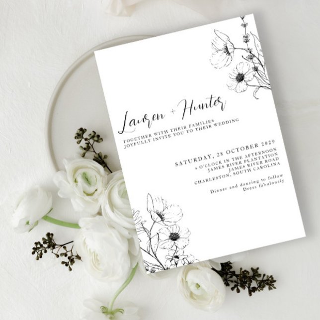 Modern Script Black White Floral Wedding Invitation (Creator Uploaded)