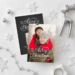 Modern Script Black White Merry Christmas Photo Holiday Card<br><div class="desc">Personalise these modern Merry Christmas in script writing holiday photo greeting cards with two photos (front and back of card) and custom text. The black background colour and textured design layer on the back can be modified or removed.</div>