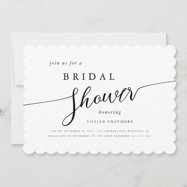 Modern Script Black & White Scallop Bridal Shower Invitation (Front)