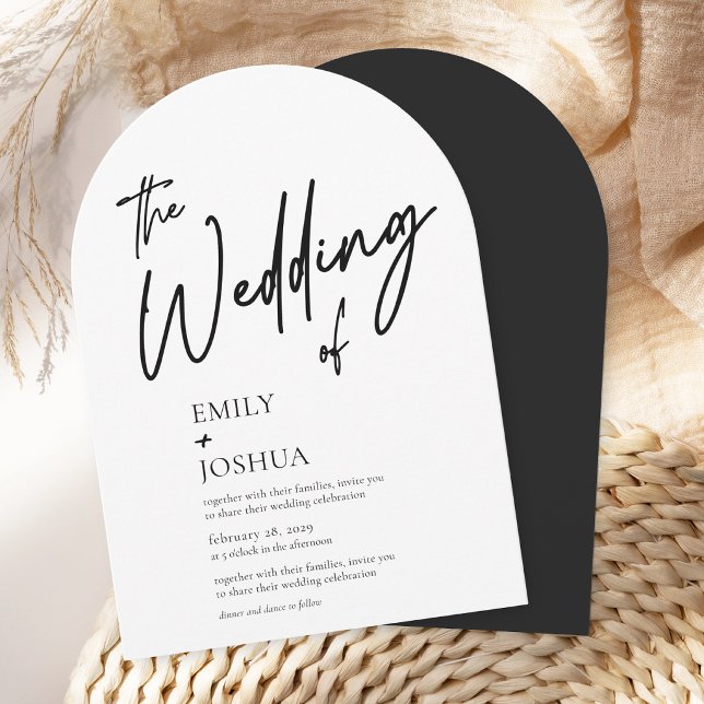 Modern Script Black White Simple Wedding Arch Invitation (Front and back or arch wedding invitation shown in 5x7 inches. Choose paper and corner style.)