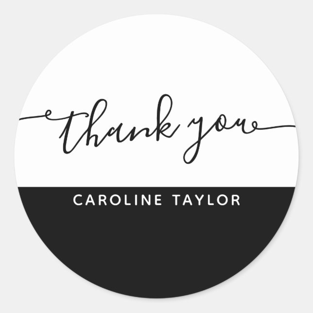 Modern Script Black & White Thank You Classic Round Sticker (Front)