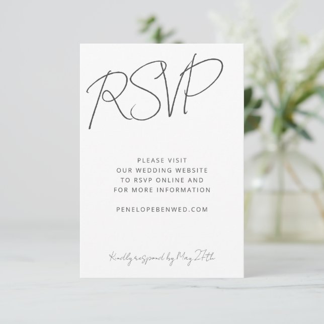 Modern Script Black White Wedding Website Online RSVP Card (Standing Front)