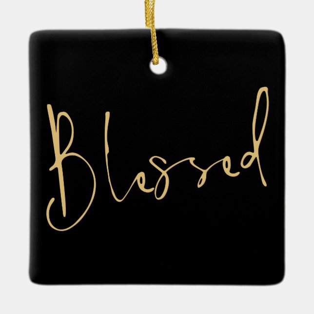 Modern Script Blessed Christmas Gold Black  Ceramic Ornament (Front)