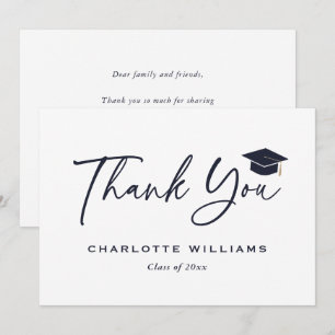 Modern Script Blue and White Graduation Cap Thank You Card