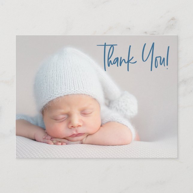 Modern script blue baby Boy Photo baby shower Postcard (Front)