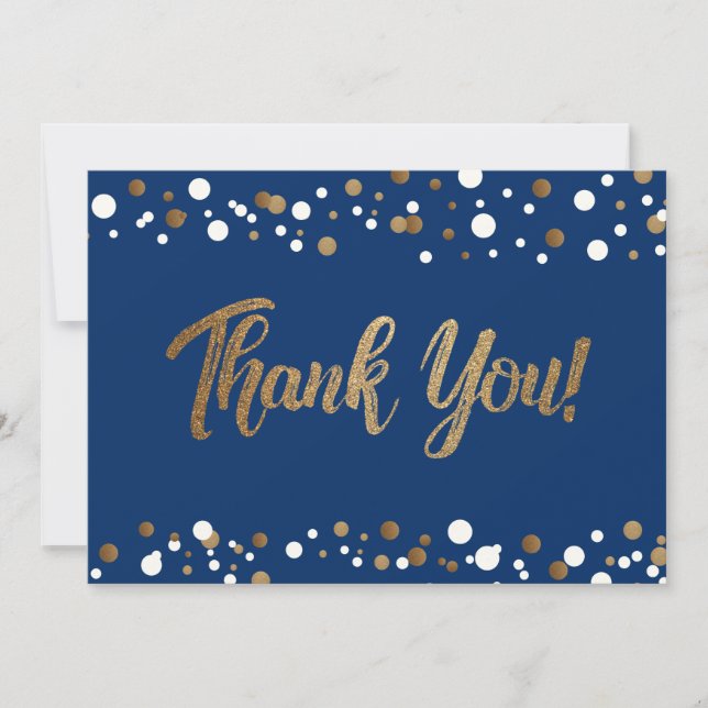 Modern script Blue Gold Confetti Graduation  Thank You Card (Front)