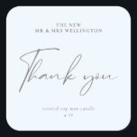 Modern Script Blue Grey Wedding Favour Candle Square Sticker<br><div class="desc">Modern and elegant light blue label for wedding candle favours: If you give out scented candles as wedding favours to your guests, why not personalise them as a wedding thank you and a keepsake? This wedding candle label features modern calligraphy script for Thank You, your names and additional text on...</div>