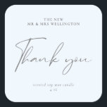 Modern Script Blue Grey Wedding Favour Candle Square Sticker<br><div class="desc">Modern and elegant light blue label for wedding candle favours: If you give out scented candles as wedding favours to your guests, why not personalise them as a wedding thank you and a keepsake? This wedding candle label features modern calligraphy script for Thank You, your names and additional text on...</div>