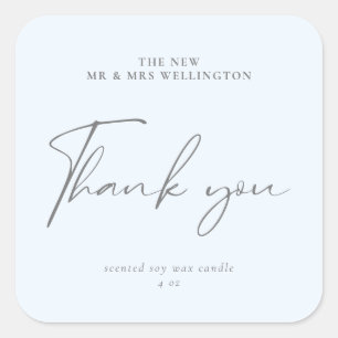 Modern Script Blue Grey Wedding Favour Candle Square Sticker