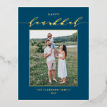 Modern Script Blue Happy Hanukkah Photo Foil Holiday Postcard<br><div class="desc">Happy Hanukkah! Send Hanukkah wishes to family and friends with this customisable gold foil Hanukkah postcard. It features an elegant calligraphy and simple typography. Personalise by adding names and a photo. This gold foil Happy Hanukkah postcard is available on other cardstock.</div>