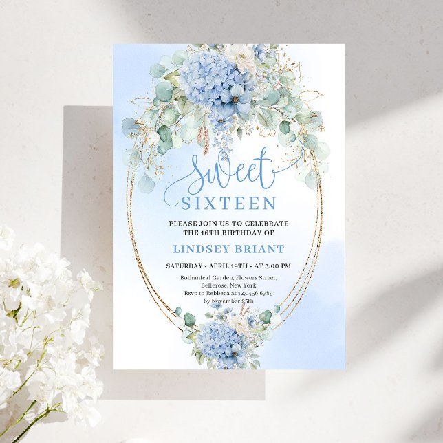 Modern Script Blue Hydrangeas Sweet Sixteen Invite (Modern Script Blue Hydrangeas Sweet Sixteen Invitation)