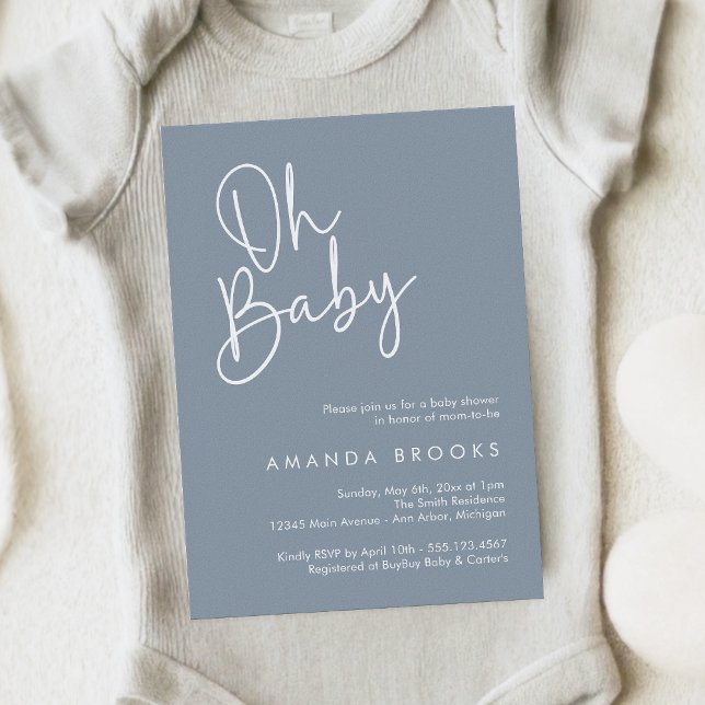 Modern Script Blue Oh Baby Simple Baby Shower Invitation (Creator Uploaded)