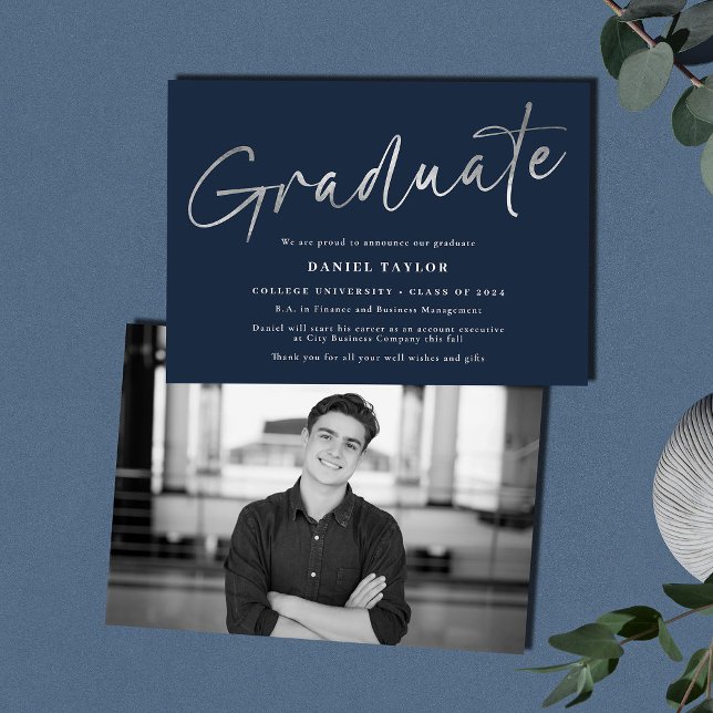 Modern Script Blue Silver Graduation Announcement (Creator Uploaded)