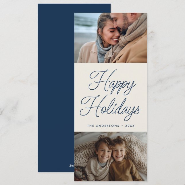 Modern Script Blue Two Photo Tall Christmas Holiday Card (Front/Back)