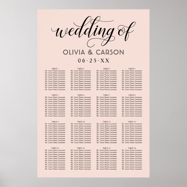 Modern Script Blush and Black Wedding Seating Poster (Front)