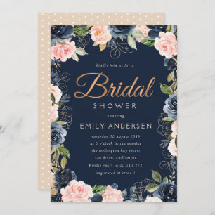Modern script blush & navy bridal shower invitation