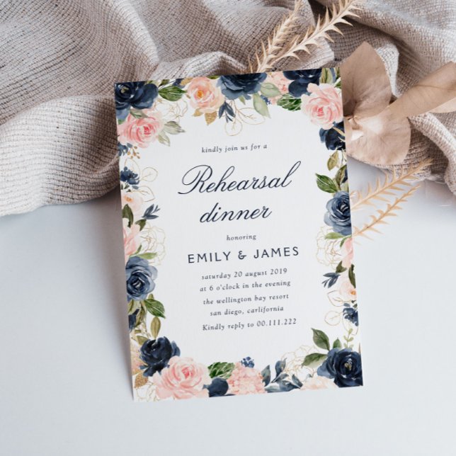 Modern script blush & navy Rehearsal dinner Invitation (Creator Uploaded)