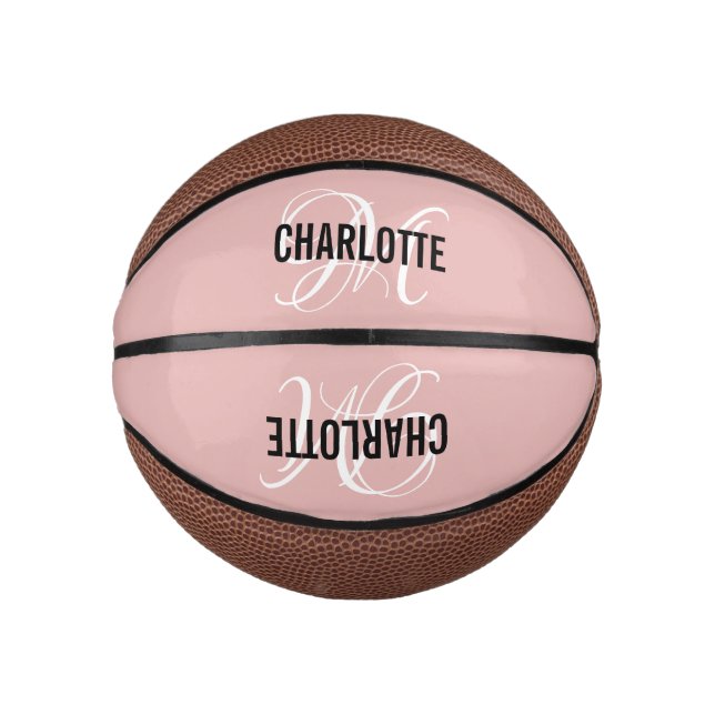 Modern script blush pink monogram name basketball (Front)
