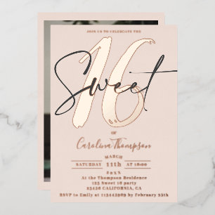 Modern script blush pink photo Sweet 16 rose gold