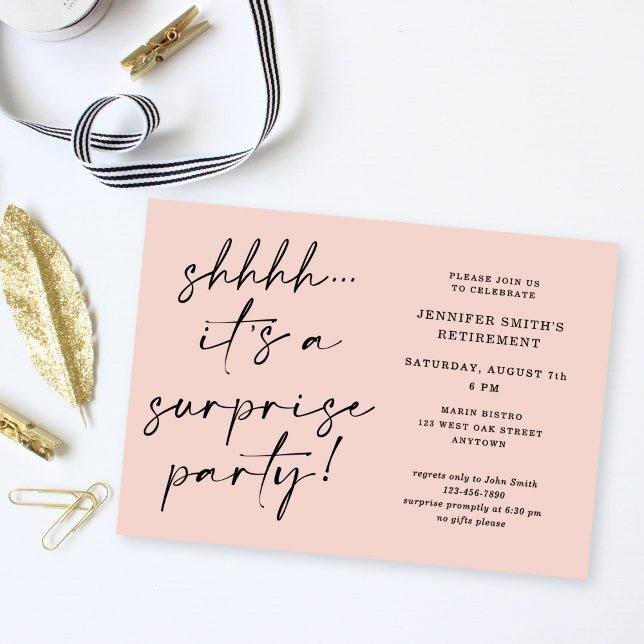 Modern Script Blush Pink Surprise Retirement Party Invitation (Creator Uploaded)