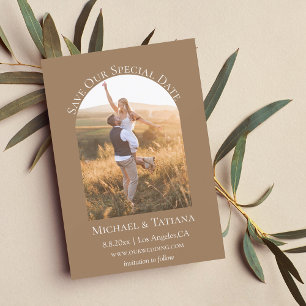 modern script boho arch photo brown terracotta save the date