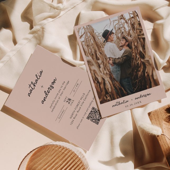 Modern Script Boho Beige Photo QR Code Wedding Invitation (Creator Uploaded)
