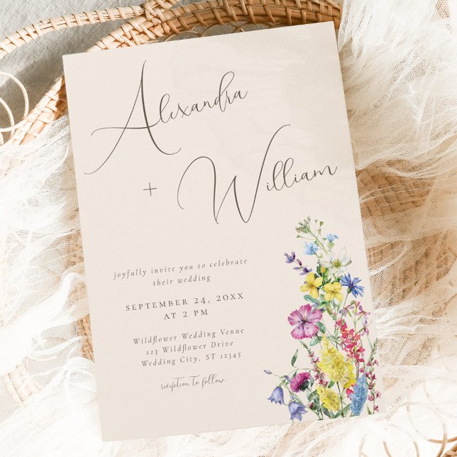 Modern Script Boho Wildflower Wedding Invitation (Creator Uploaded)
