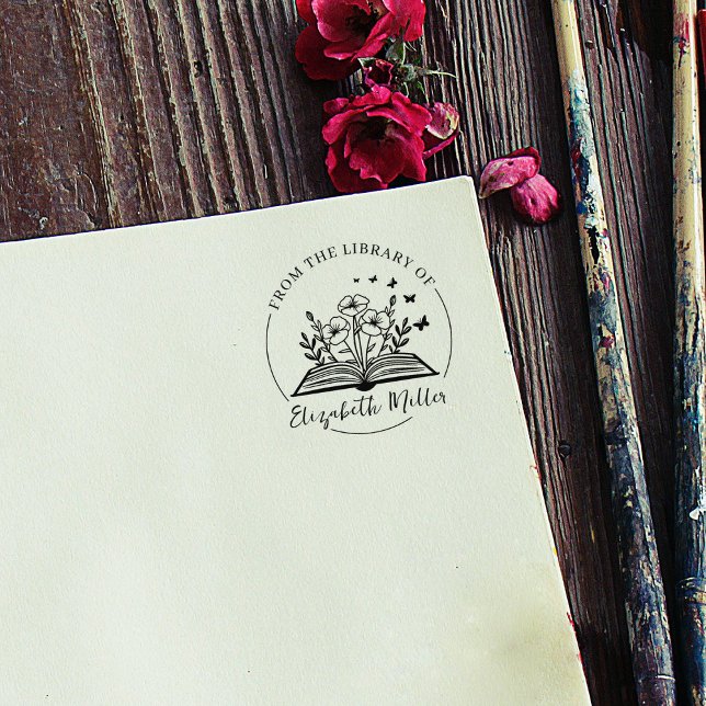 Modern Script Bookplate, Botanical Book  Rubber Stamp (Creator Uploaded)