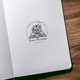 Modern Script Bookplate, Botanical Book  Rubber Stamp
