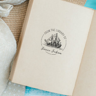 Modern Script Bookplate Ship Nautical Book Rubber Stamp