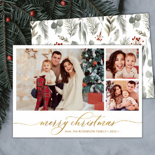 Modern Script Botanical 3 Photo Collage Christmas Holiday Card