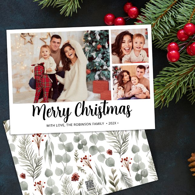 Modern Script Botanical 3 Photo Collage Christmas  Holiday Card (Creator Uploaded)